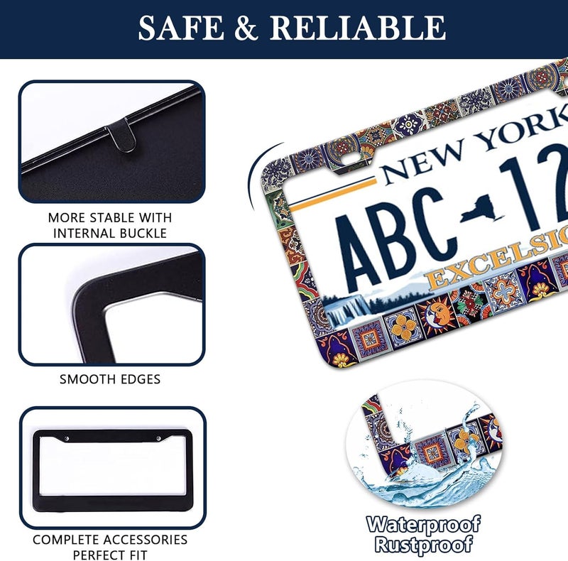 LIN KANG Mexican Tiles License Plate Frames - 2 Pack Mandala Boho License Plate Frame for Women Men, Universal Accessories License Plate Cute Aluminum Car Tag Frames for Women Men US Vehicles - Image 4